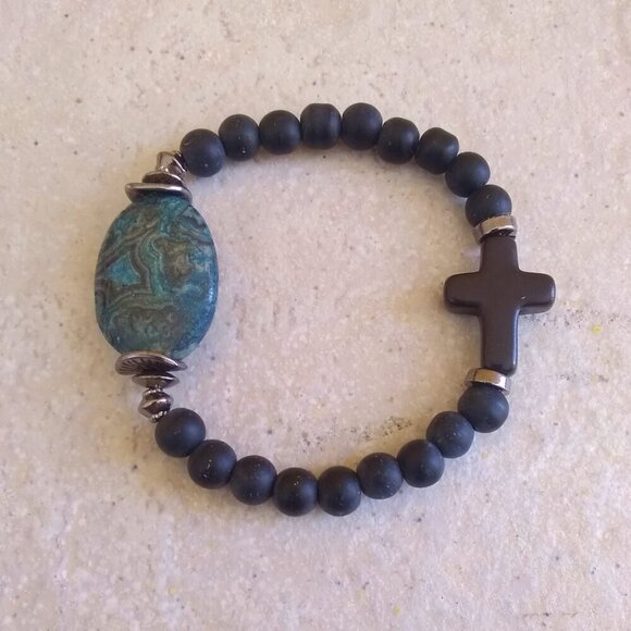 Blue Gray & Black - Crazy Lace Agate + Cross Bracelet - 6-6.5" Wrists ~ Faith! - Picture 1 of 8